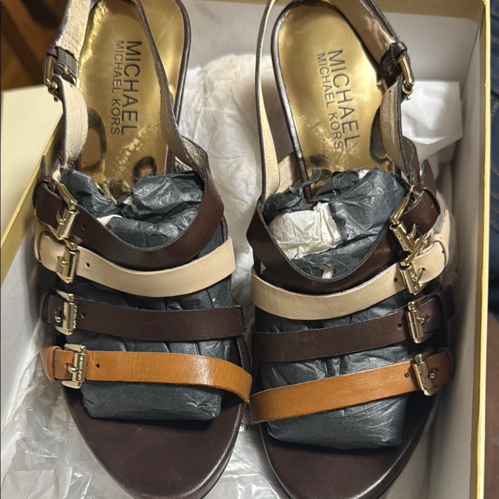 Michael Kors Brown and Tan Sandals with Adjustable Straps